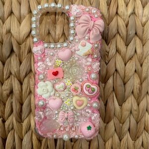 Pink Decorative Phone Case with Pearls and Charms